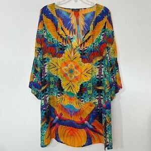 Shahida Parides Kaftan One Size Feather Birds Print Dress Silk Crepe Beaded Boho